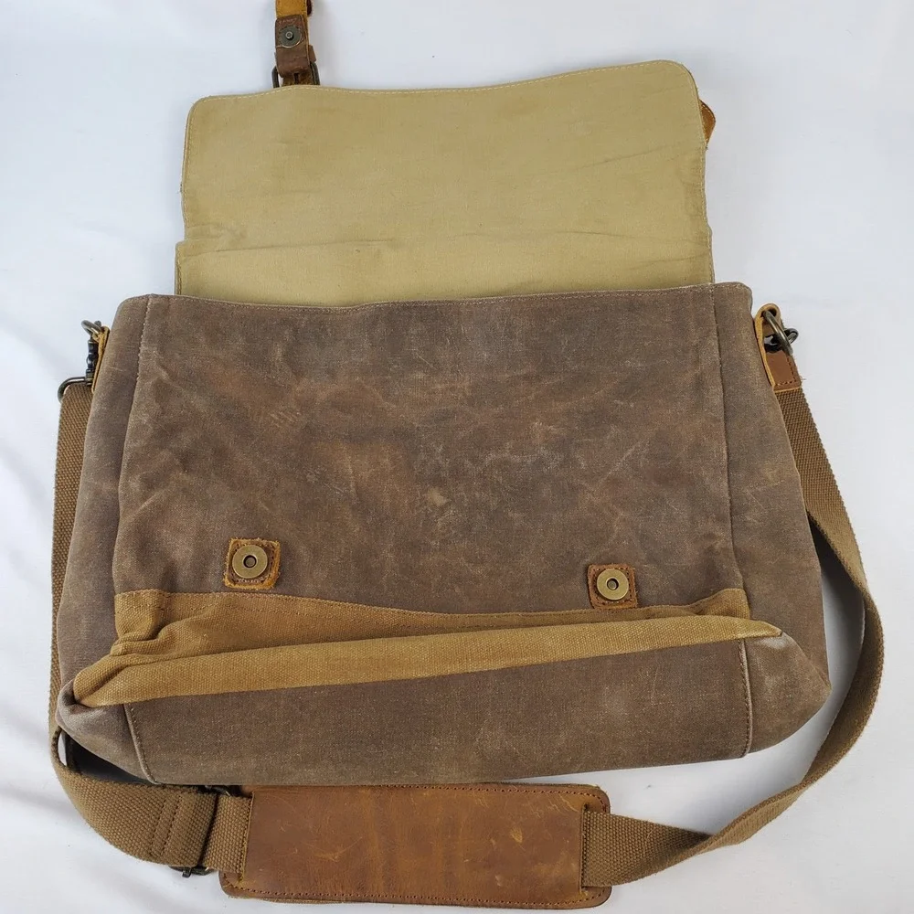 NEWHEY Messenger Laptop Bag Waterproof Canvas Leather Nubuck Brown Beeswax
